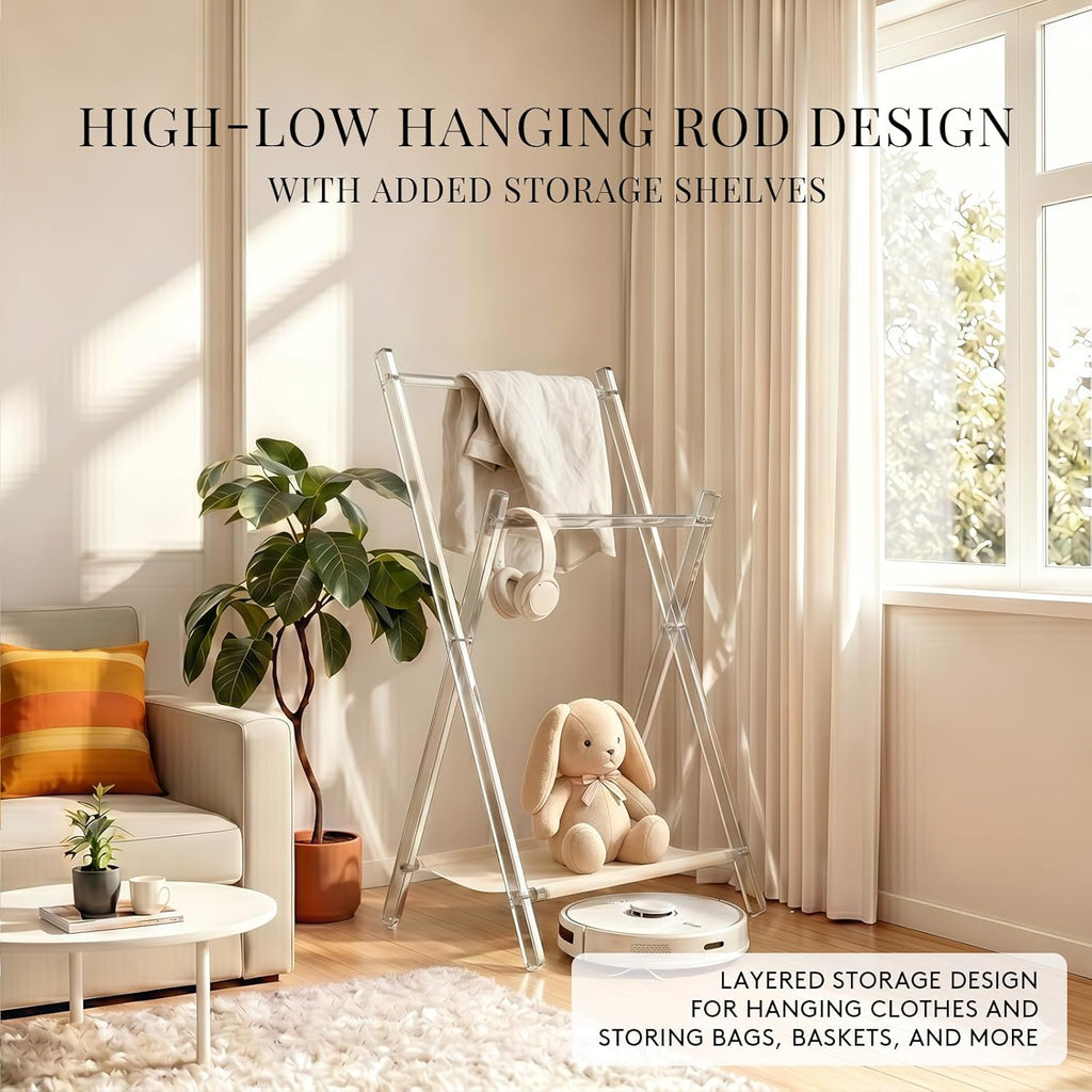 Acrylic Coat Rack Stand with Shelf, Foldable Clear Coat Hanger Stand, Modern Acrylic Hall Tree for Entryway, Bedroom, Living Room, Sturdy & Easy to Assemble