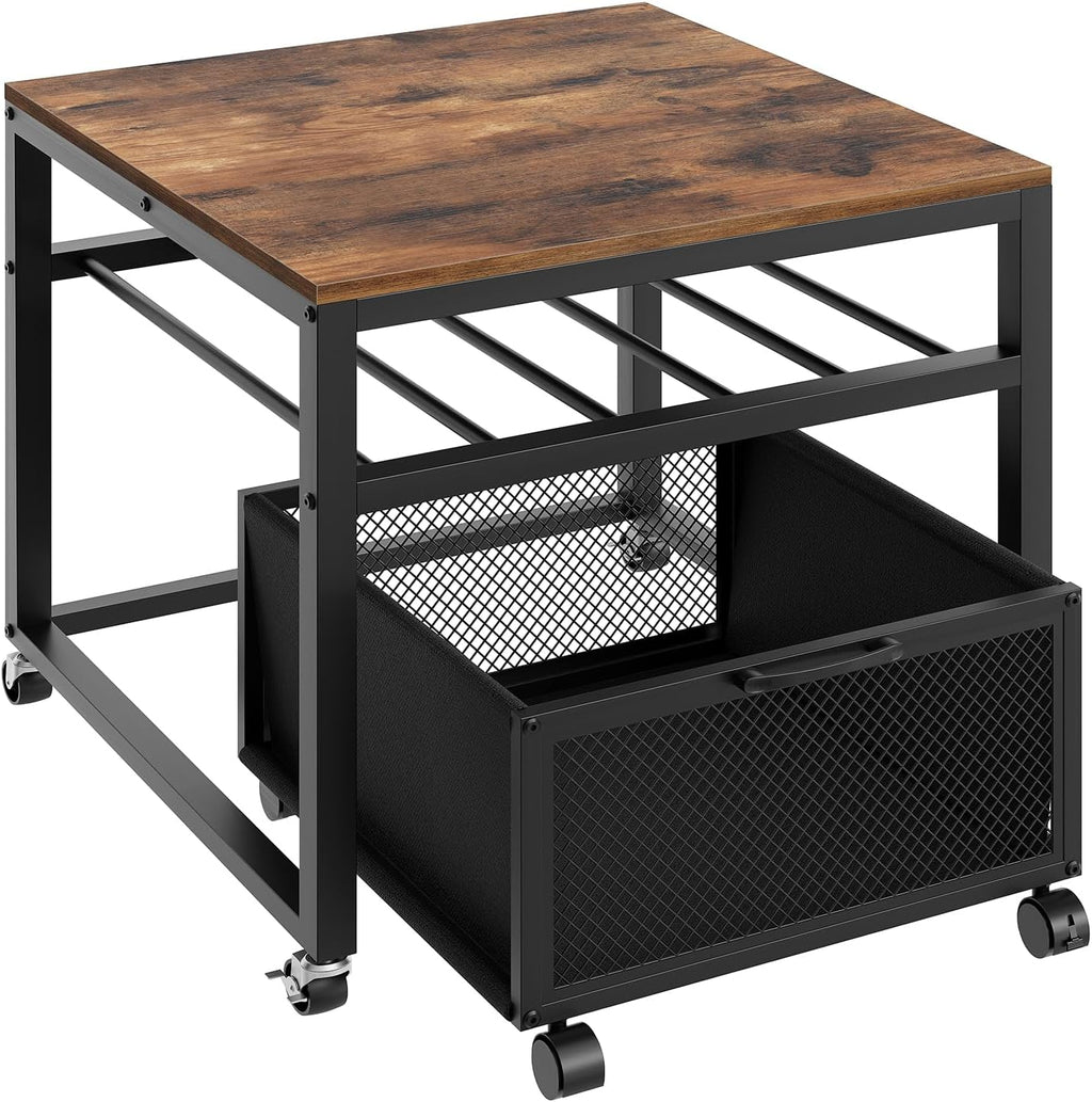 MAHANCRIS Mini Fridge Stand with Storage, Mini Fridge Cabinet with Movable Basket Cart, Mini Fridge Shelf with Wine Rack, Mobile Printer Stand, Mini Fridge Table, Rustic Brown and Black RSHR5101