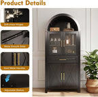 71" Tall Arched Kitchen Pantry Cabinet with Glass Door, Versatile Cupboard with Adjustable Shelves & Barn Door Design, Farmhouse Wooden Storage Cabinet for Kitchen, Living & Dining Room (Black)