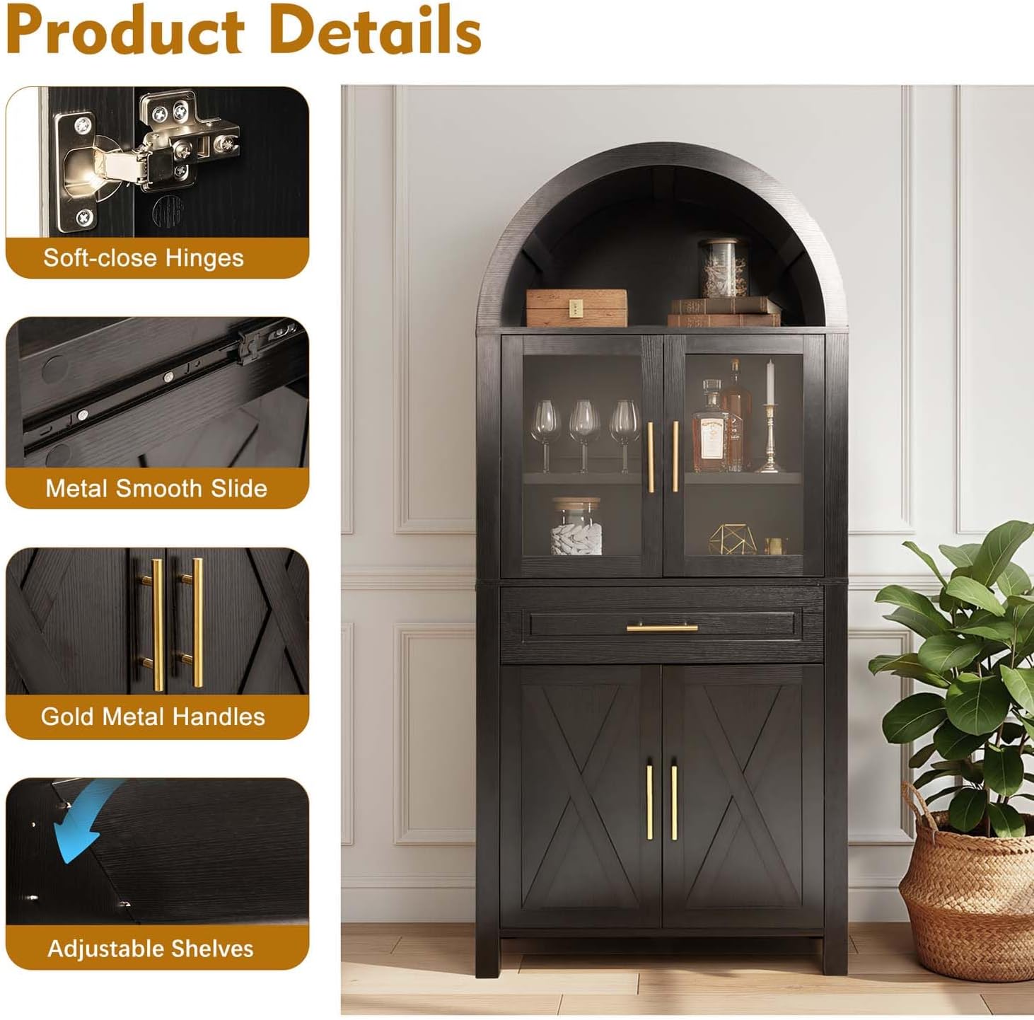 71" Tall Arched Kitchen Pantry Cabinet with Glass Door, Versatile Cupboard with Adjustable Shelves & Barn Door Design, Farmhouse Wooden Storage Cabinet for Kitchen, Living & Dining Room (Black)