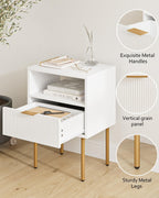 Masupu Nightstand,Mid-Century Modern Bedside Table with Storage Drawer and Open Wood Shelf,Small Gold Frame Side Table for Bedroom,Living Room,White