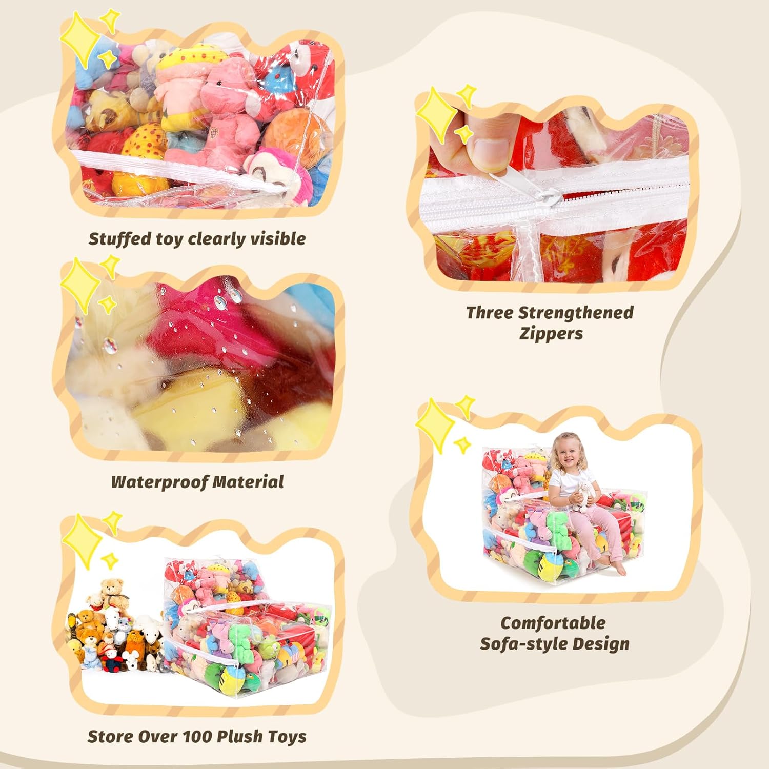 25-inch Clear Bean Bag Chair Cover (No Filler) for Stuffed Animal Storage, 3 Hidden Zippers Toy Organizer, Transparent Material, Plush Storage Toys DIY