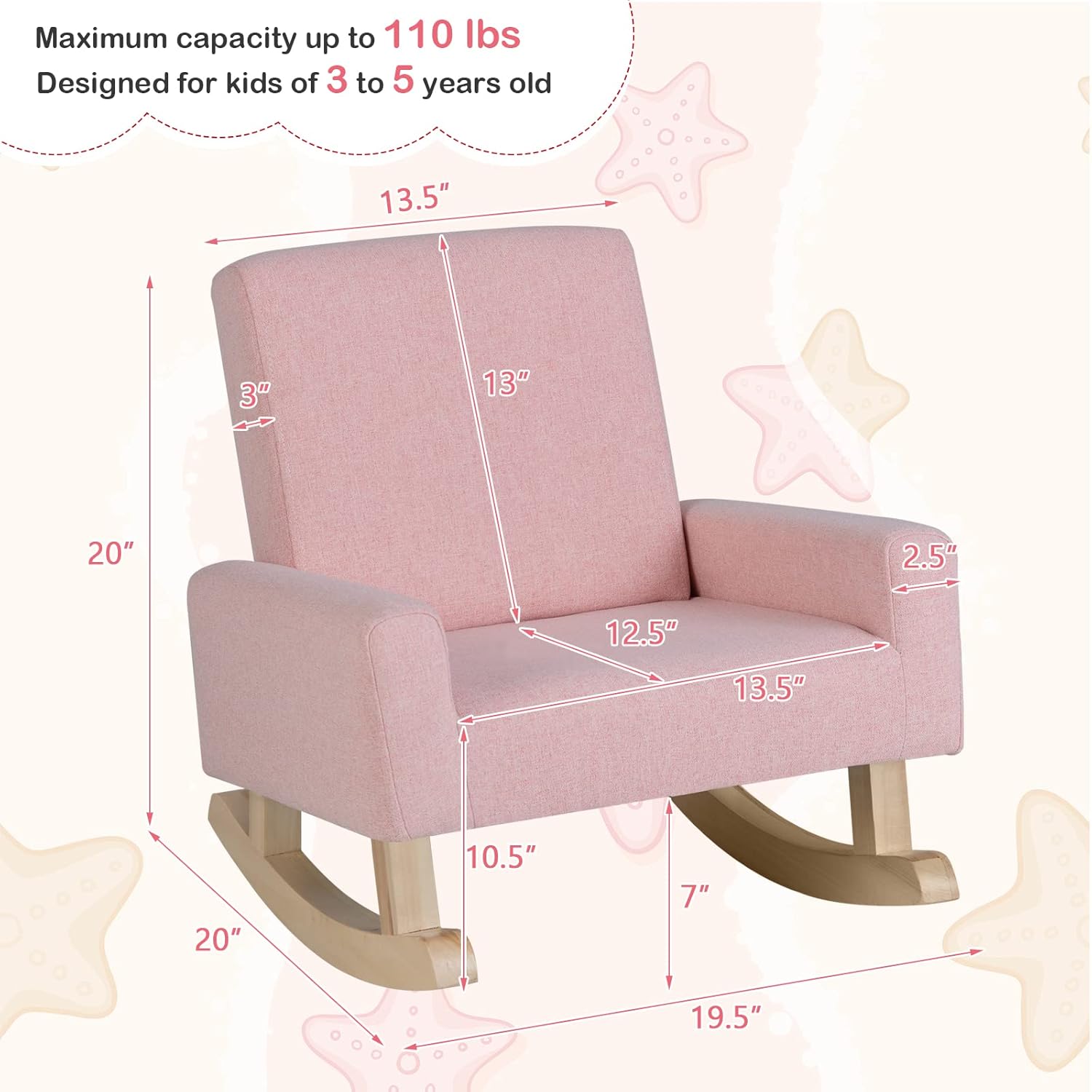 Toddler Rocking Chair, Kids Sofa Chair with Solid Wooden Frame and Linen Fabric, Kids Rocking Chair for Nursery, Living Room, Bedroom, Playroom, Age 3-5 Years, Pink/Blue