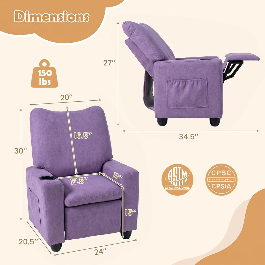 HONEY JOY Kids Recliner with Cup Holder, Chenille Fabric Upholstered Push Back Toddler Sofa w/Storage Pockets, Adjustable Backrest & Footrest, Child Reclining Chair for Ages 3+, Purple