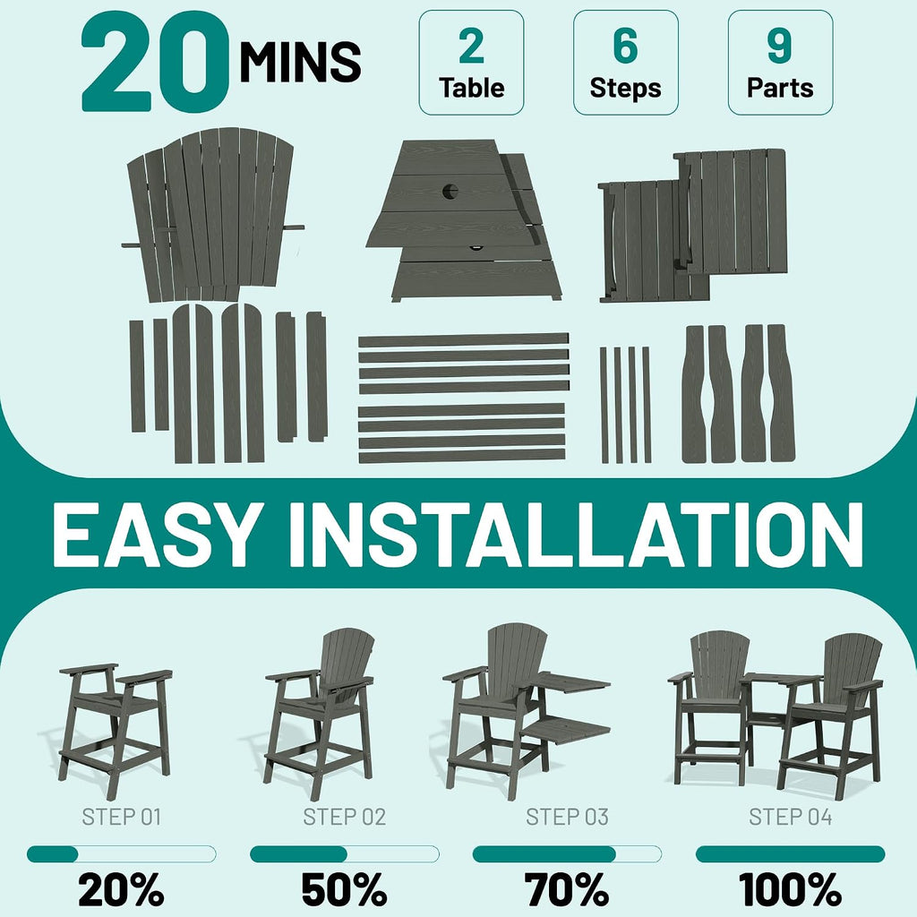 PLUUV Tall Adirondack Chairs Set of 2 with Double Connecting Trays, All Weather HDPE Bar Height Outdoor Chairs, Outdoor Adirondack Barstools with Umbrella Hole for Balcony, Patio, Backyard, Grey