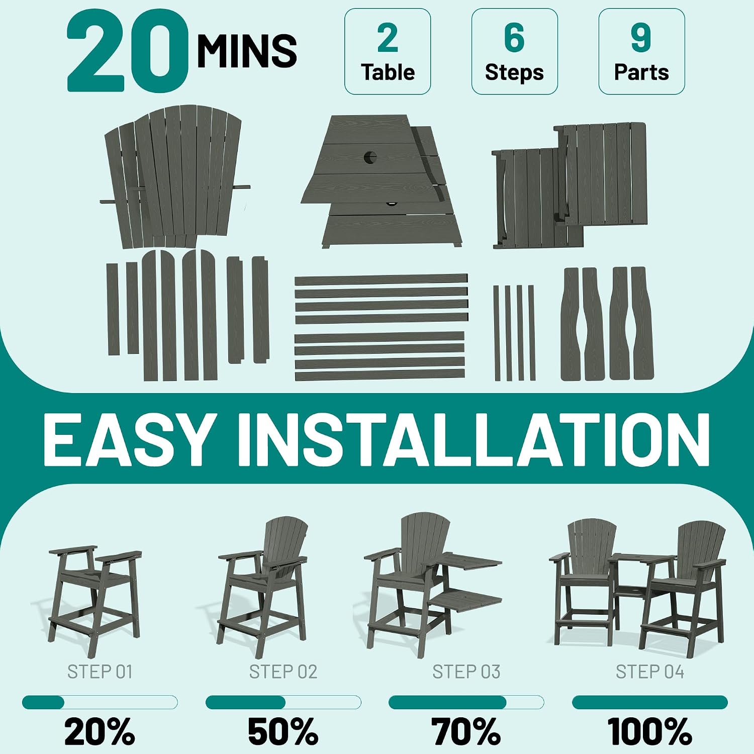PLUUV Tall Adirondack Chairs Set of 2 with Double Connecting Trays, All Weather HDPE Bar Height Outdoor Chairs, Outdoor Adirondack Barstools with Umbrella Hole for Balcony, Patio, Backyard, Grey