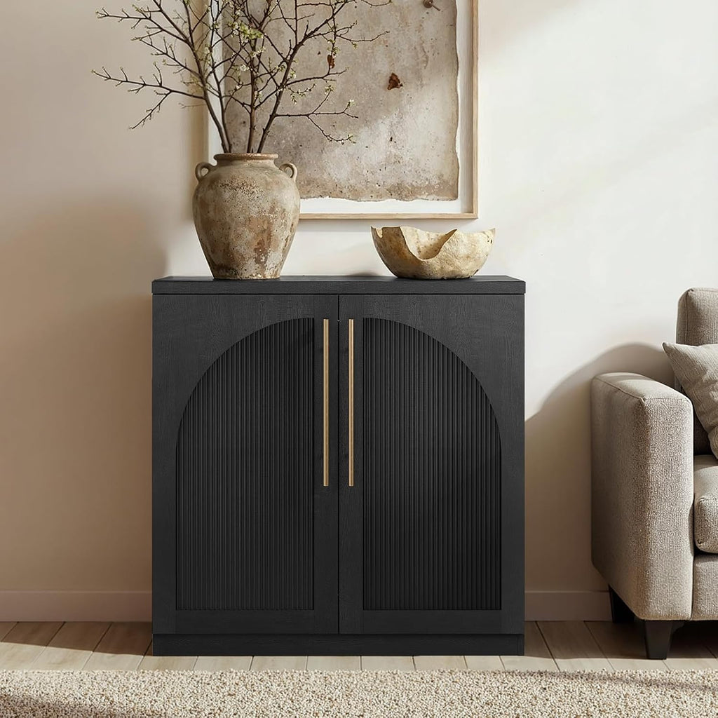 ModernMate Arched Sideboard Cabinet, Black Wood Grain Buffet Table with Wave-Panel Doors and Soft-Close Hinges, 31" Modular Storage Credenza for Entryway, Hallway & Living Room