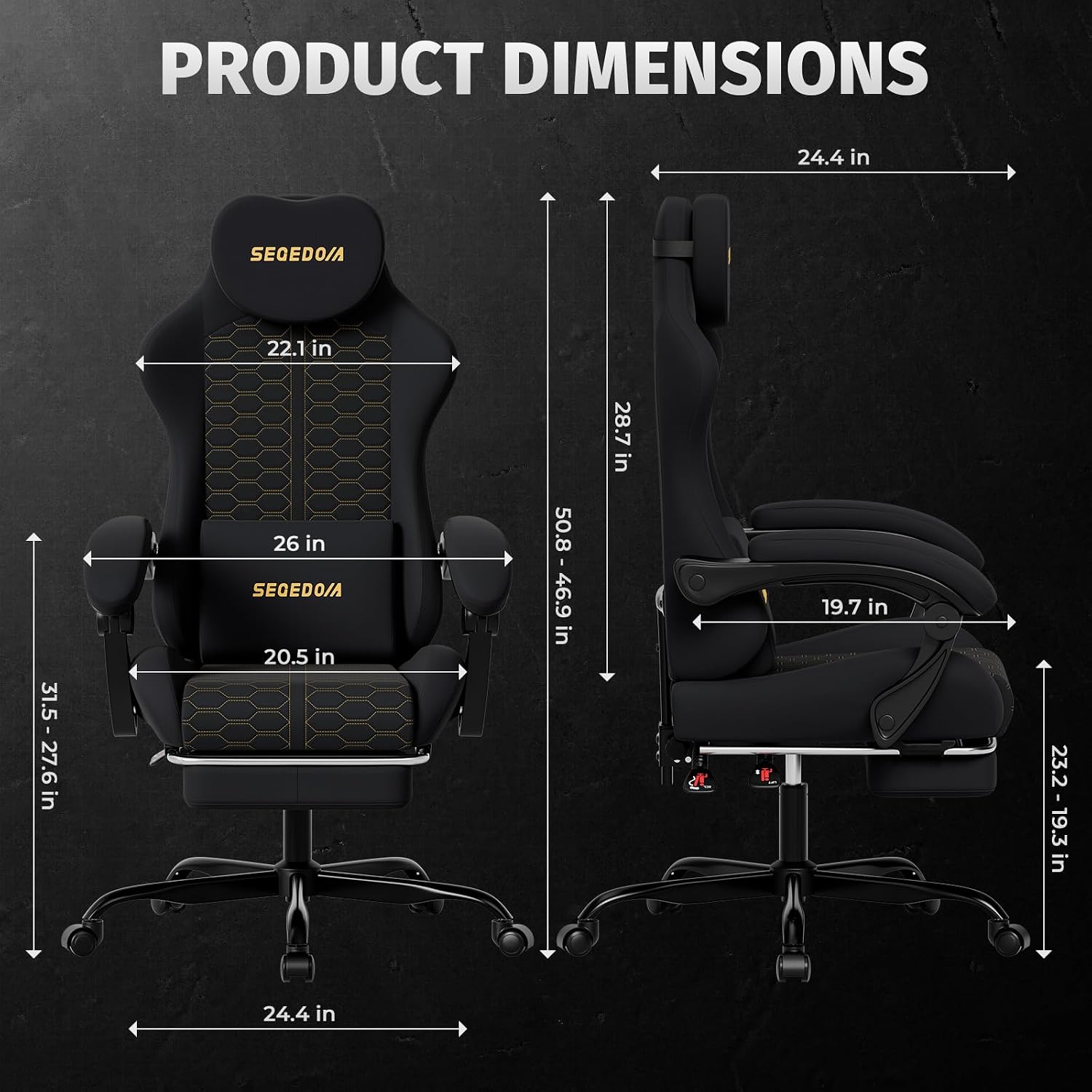 Honeycomb Embossed Gaming Chair with Footrest, Adjustable Ergonomic Office Chair for Adults, Black