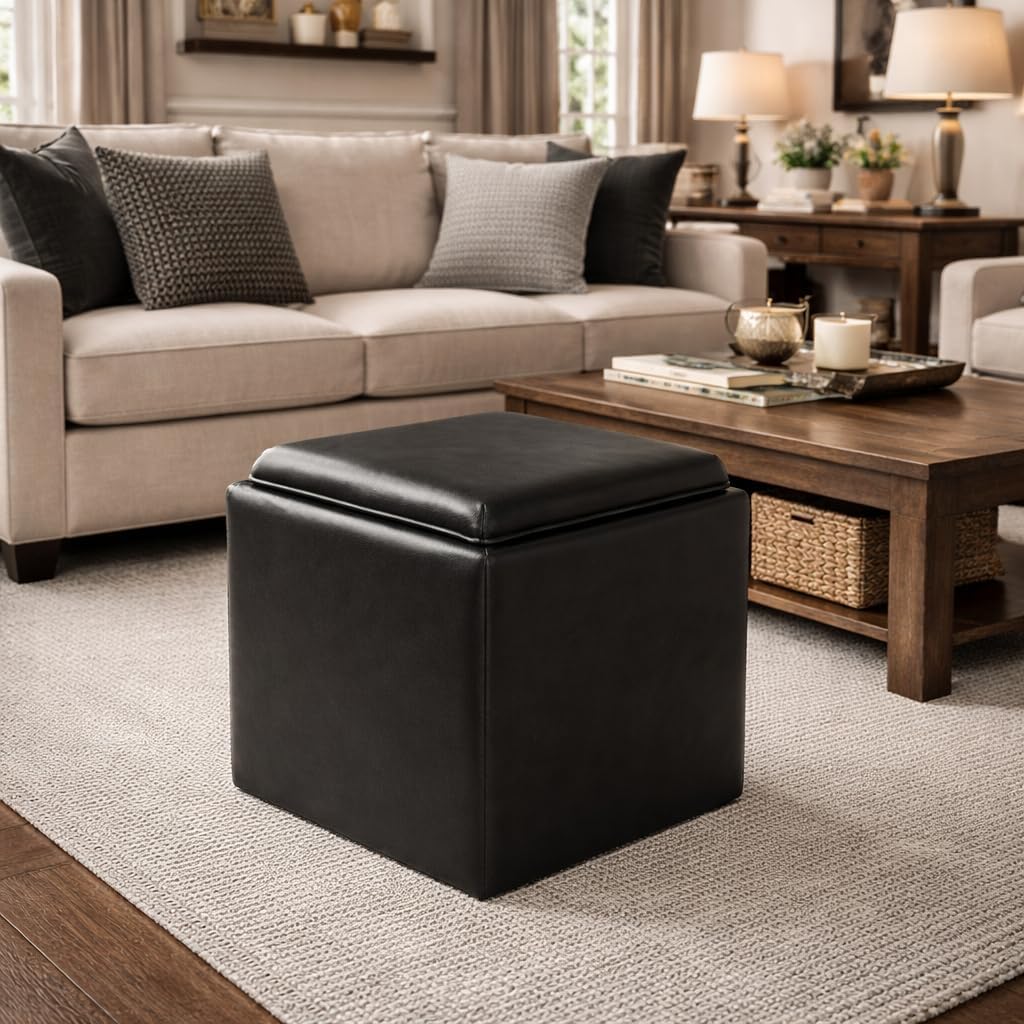 HomePop 17.5" Storage Ottoman with Tray Top - Black Faux Leather