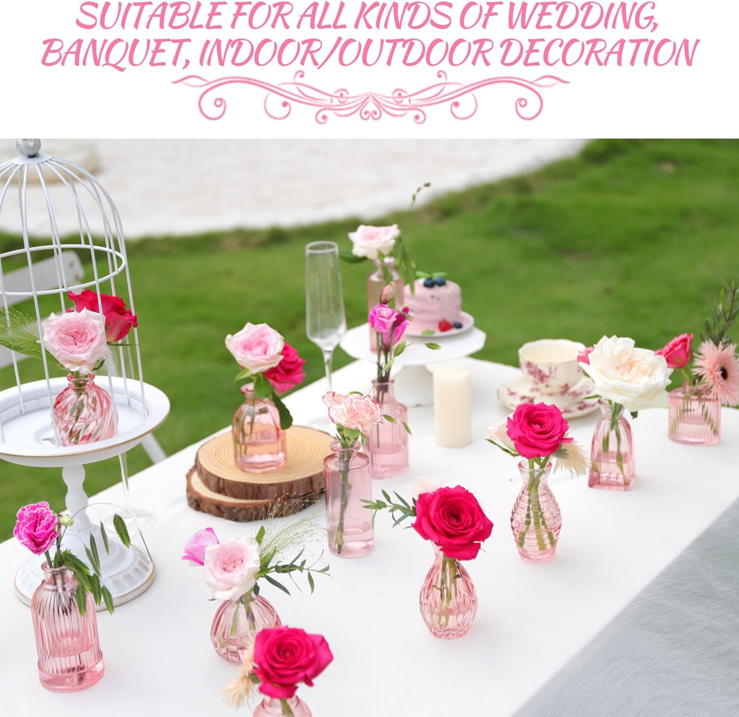 Pink Vase, Bud Vases Set of 12, Small Pink Glass Vases for Flowers Modern Ribbed Glass Bud Vase for Decor Wedding Flower Vase in Bulk Vintage Decor Bridal Shower Centerpieces Home Table Decoration
