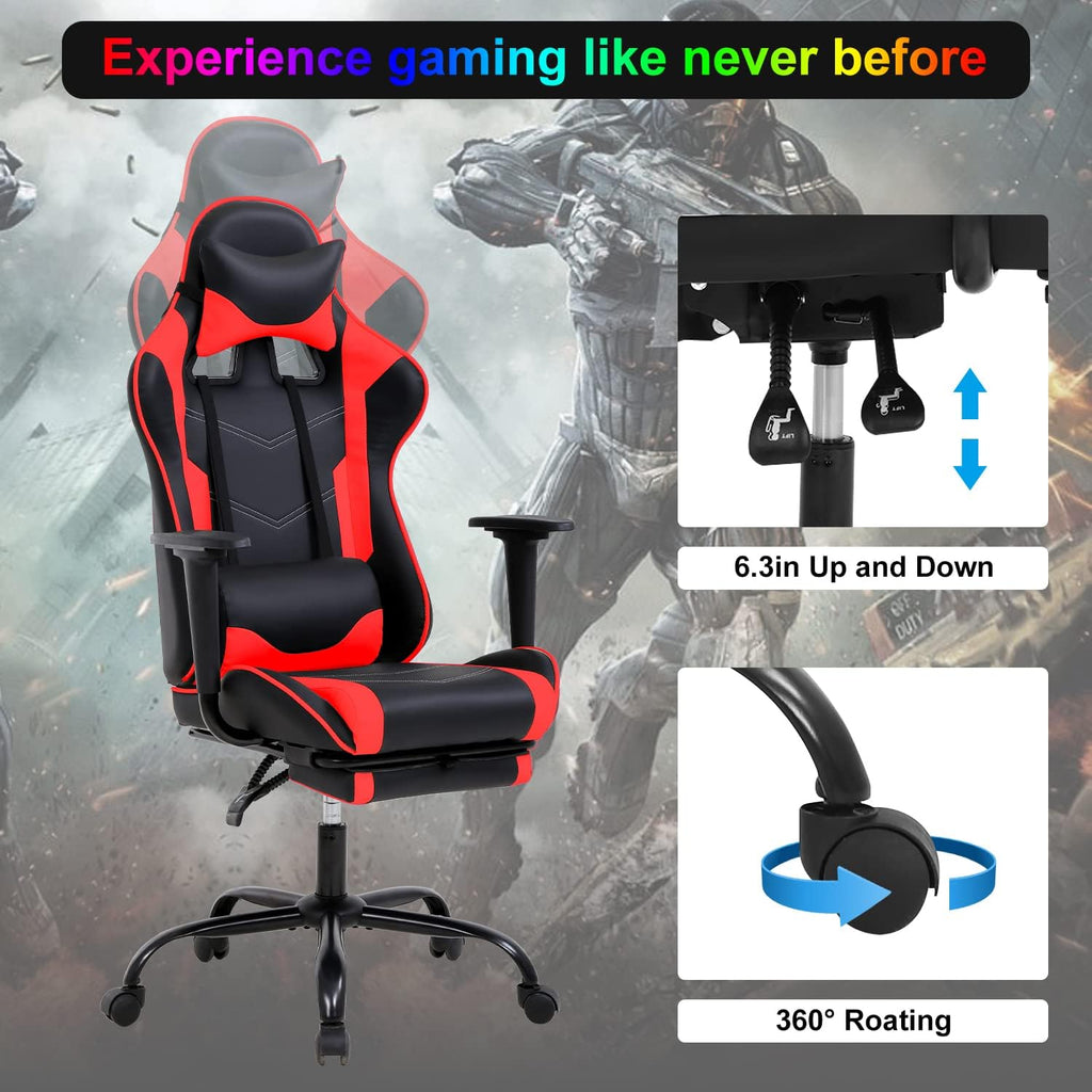 Gaming Chair Computer Chair Ergonomic Gaming Chair with Footrest Reclining High Back Video Game Chair with Lumbar Support Headrest Armrest Swivel Seat for Women, Men (Red)