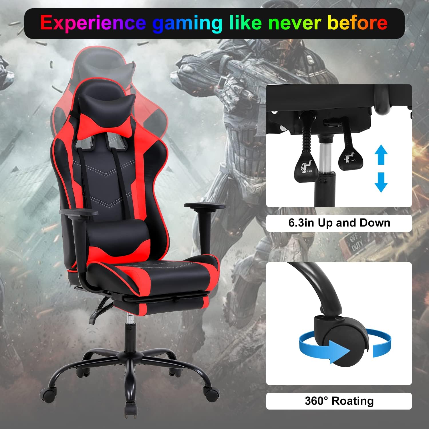 Gaming Chair Computer Chair Ergonomic Gaming Chair with Footrest Reclining High Back Video Game Chair with Lumbar Support Headrest Armrest Swivel Seat for Women, Men (Red)