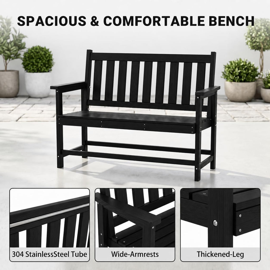 Outdoor Bench, HDPE Weatherproof Garden Bench, 48 Inches 2-Person Patio Bench for Outdoors, Porch Backyard Park Furniture, 660 lbs Weight Capacity, Black