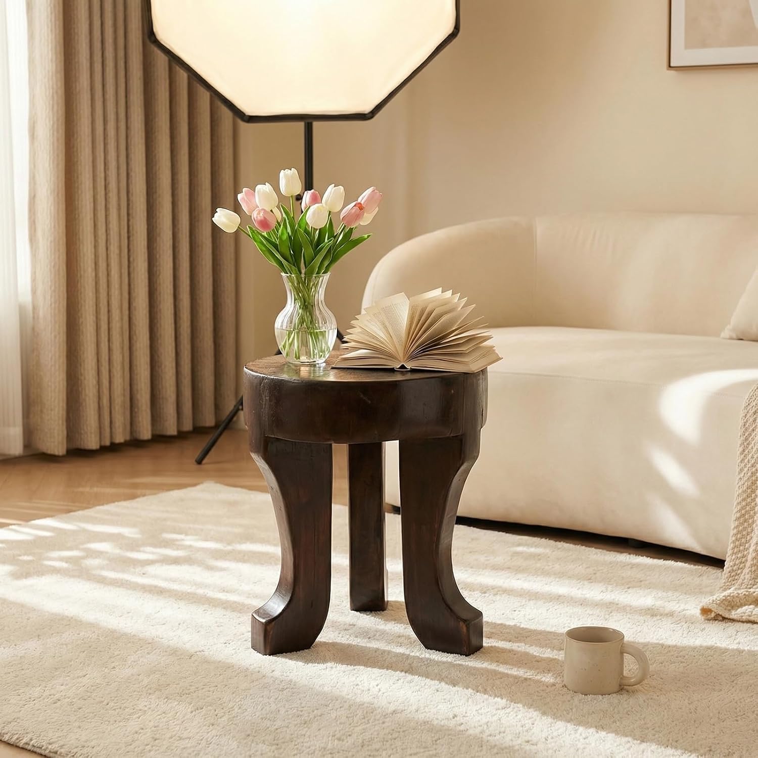 Rustic Round Wooden End Table, 13.5" H Dark Brown Solid Wood Accent Side Table with Sculptural Legs, Bedroom, Patio,