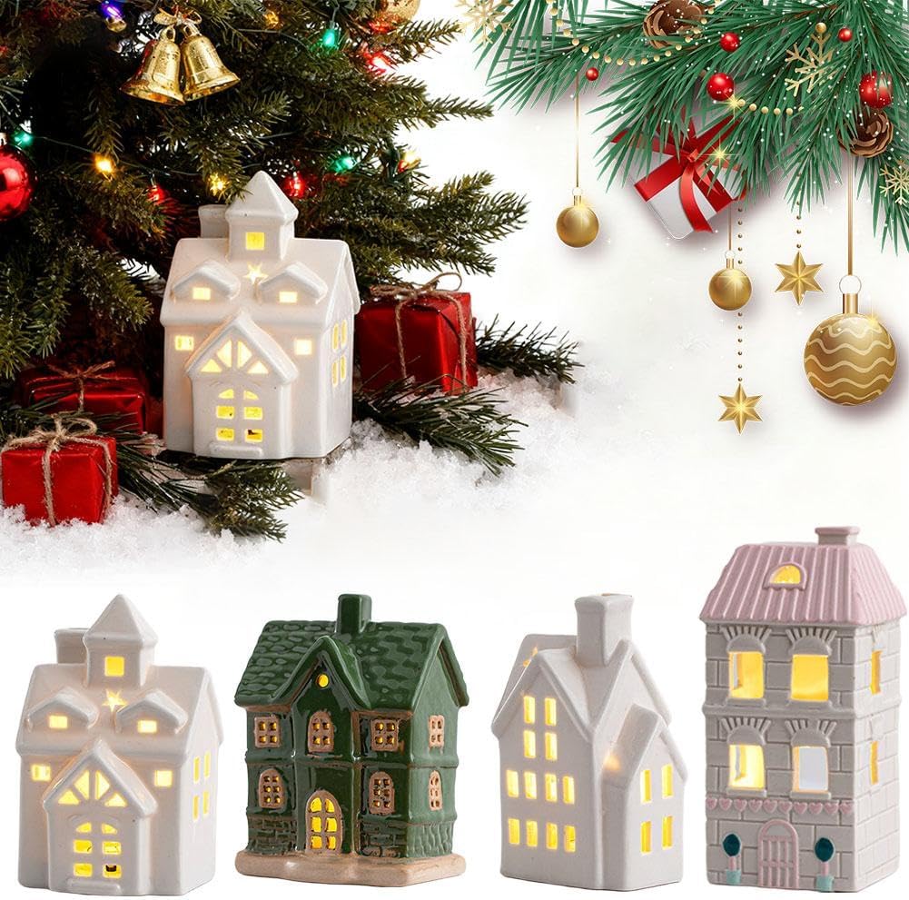 White Christmas Village Houses,LED Lighted Ceramic White Small House and Xmas Tree Tabletop Figurines, Light Up Christmas Decorations for Home Shelf Cabinet Table Winter Deco