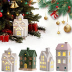 White Christmas Village Houses,LED Lighted Ceramic White Small House and Xmas Tree Tabletop Figurines, Light Up Christmas Decorations for Home Shelf Cabinet Table Winter Deco