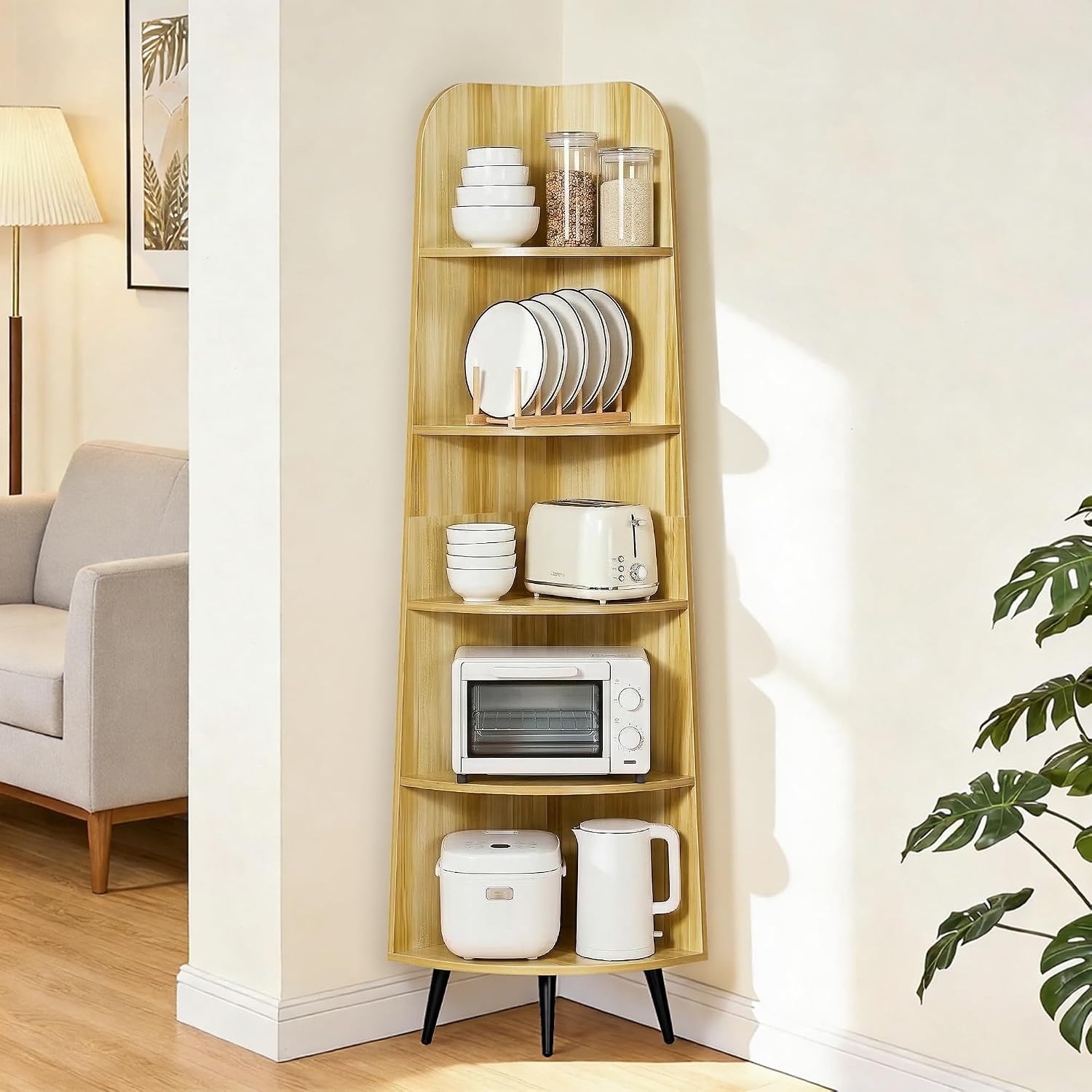 VECELO Large Corner Shelf - 66.93" Tall 5-Tier Organizer, Modern Corner Bookshelf for Display & Storage, Home Decor for Living Room, Bedroom, Natural Wood