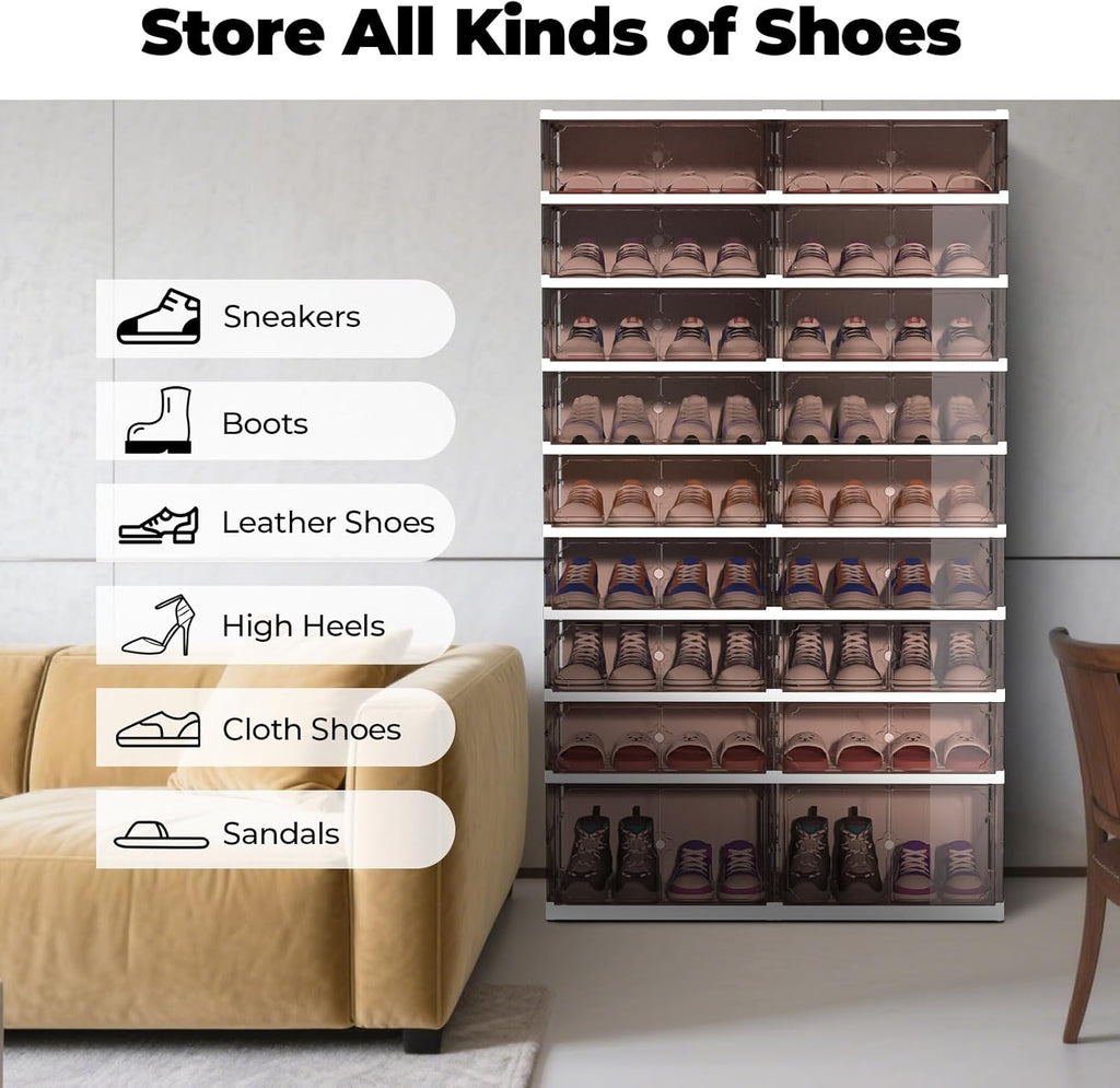 FAHKNS 9 Tier 18 Pairs Foldable Shoe Rack with Wheels, Portable Plastic Shoe Storage Cabinet with Clear Magnetic Doors Space Saving No Assembly for Entryway, Living Room, Closet