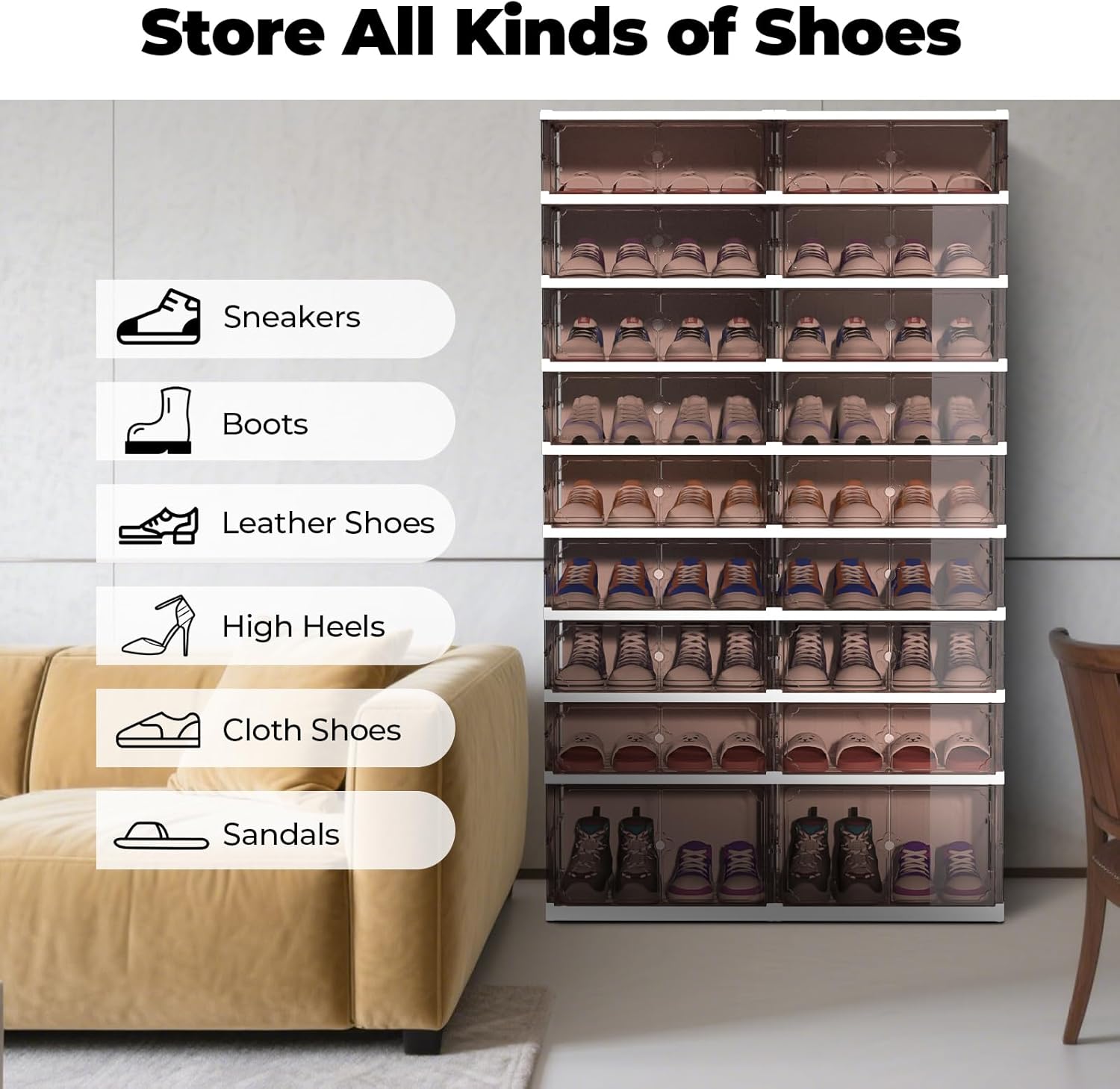 FAHKNS 9 Tier 18 Pairs Foldable Shoe Rack with Wheels, Portable Plastic Shoe Storage Cabinet with Clear Magnetic Doors Space Saving No Assembly for Entryway, Living Room, Closet