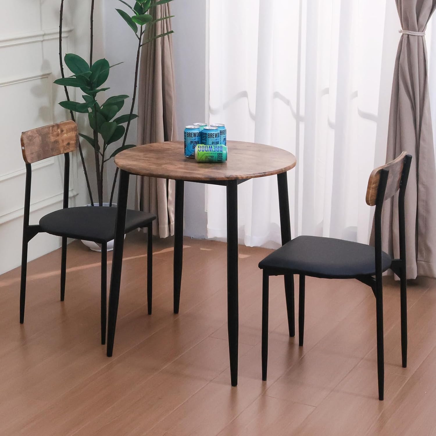 Round Dining Table Set for 2, 3-Piece Wood Tabletop Samill Kitchen Table and Chairs with Strong Metal Frame, Modern Dinette with Chairs for Small Spaces Living Room (Brown)