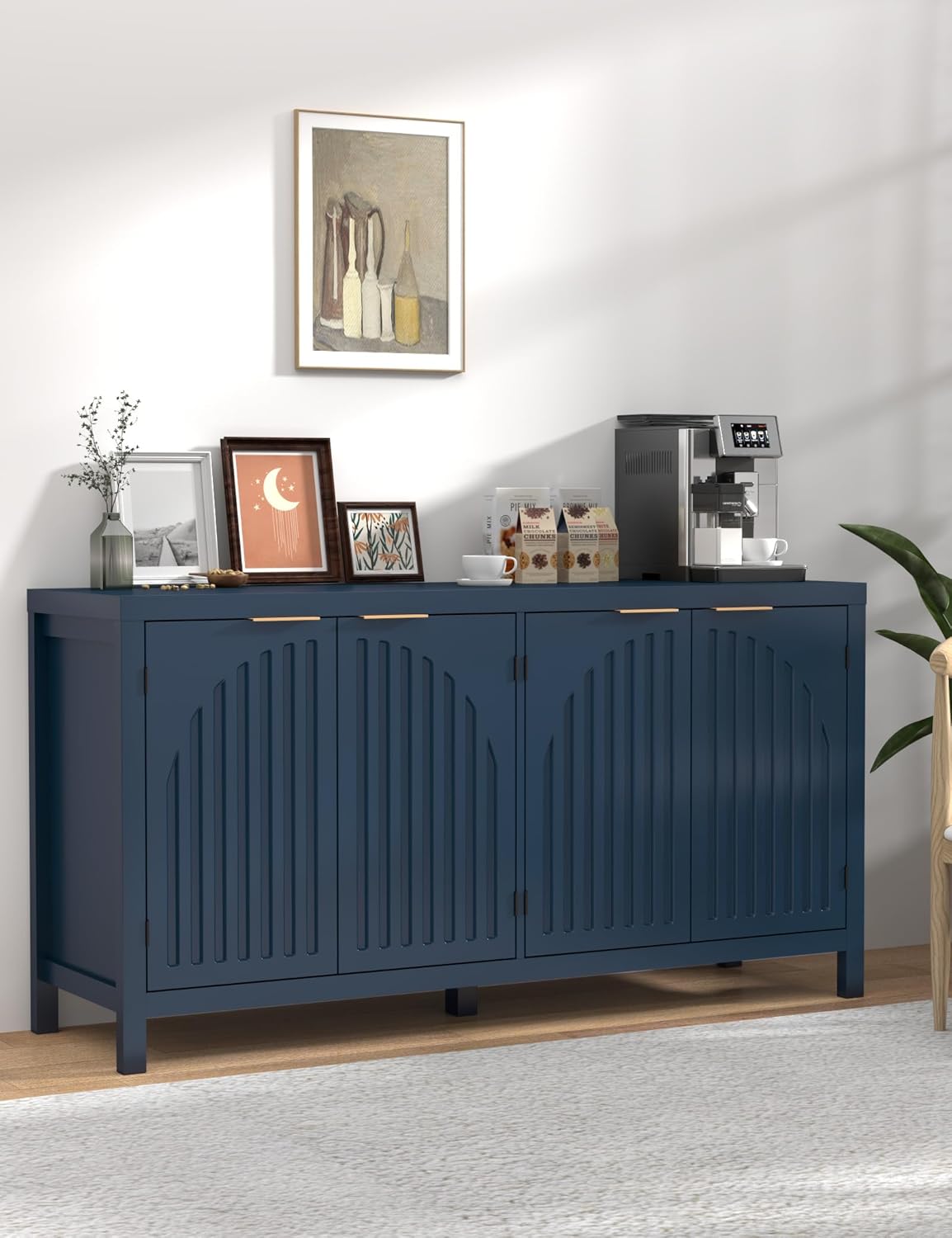 58" Modern Fluted Sideboard Buffet Cabinet with Storage, Modern Credenza with Arched Doors, Coffee Bar Table, Wood Media TV Console Table Credenza for Living Room Hallway Entryway (Blue)