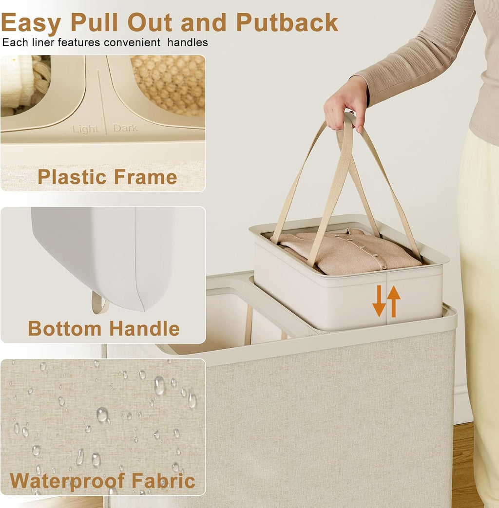 Double Laundry Hamper with Lid, 150L Laundry Basket 2 Compartments, Dirty Clothes Hamper with Handles and Removable Liners for Laundry Room, Easy Assembly, Beige