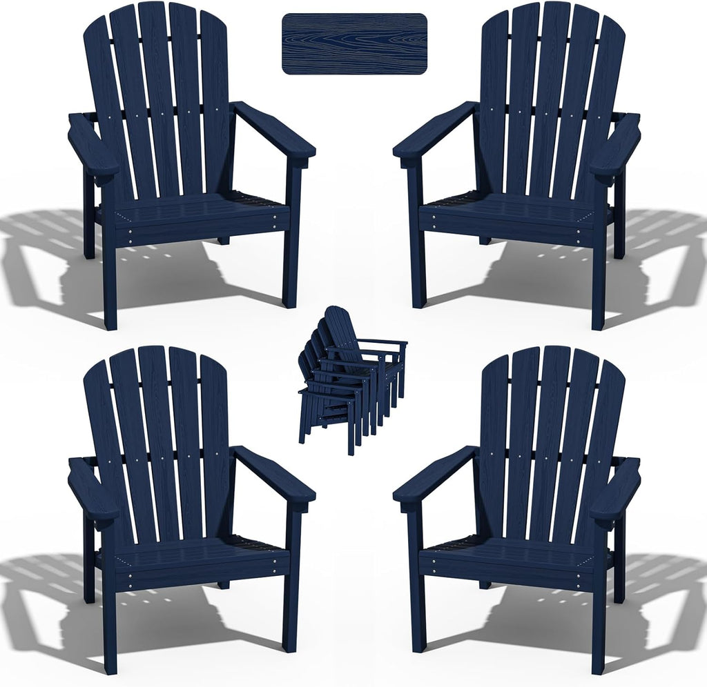 nevilywood Compact Stackable Adirondack Chairs Set of 4, 26.3" Wide HDPE Outdoor Patio Chairs - Durable, Space-Saving Design for Porch, Lawn or Garden, Navy