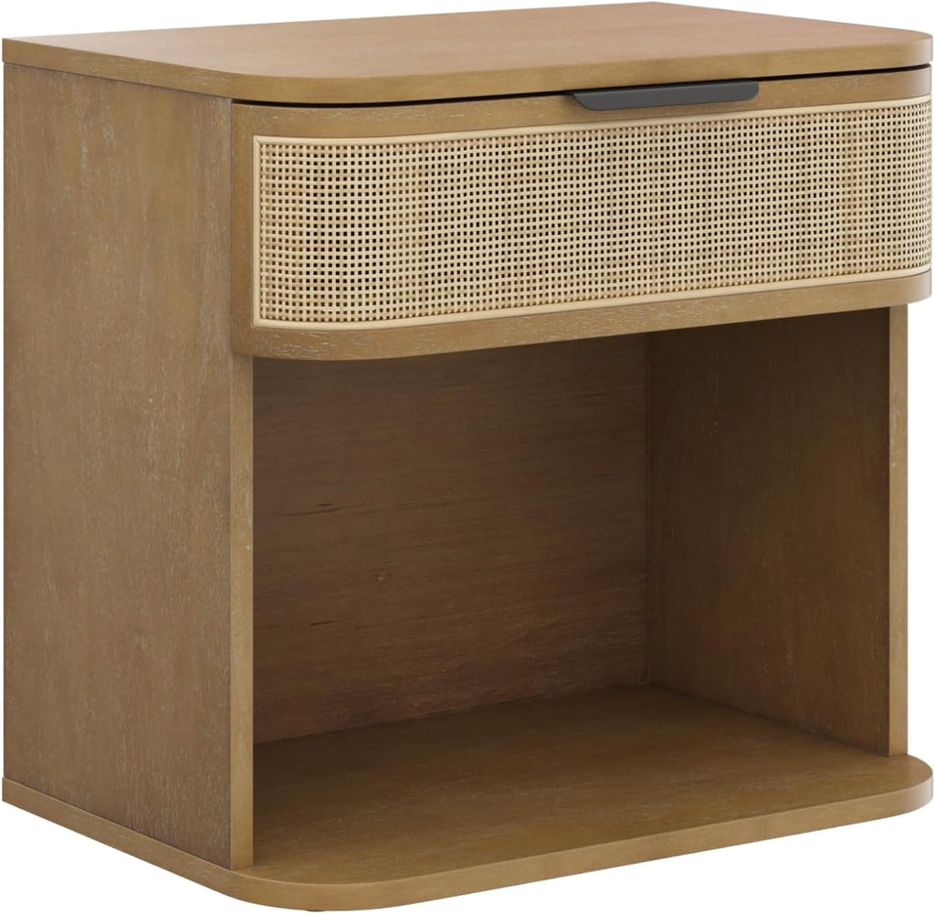 Nathan James Keith Farmhouse Bedside Table, Modern Coastal Nightstand, Rattan Nightstand with 1 Drawer for Bedroom, Light Brown