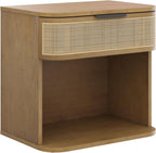 Nathan James Keith Farmhouse Bedside Table, Modern Coastal Nightstand, Rattan Nightstand with 1 Drawer for Bedroom, Light Brown
