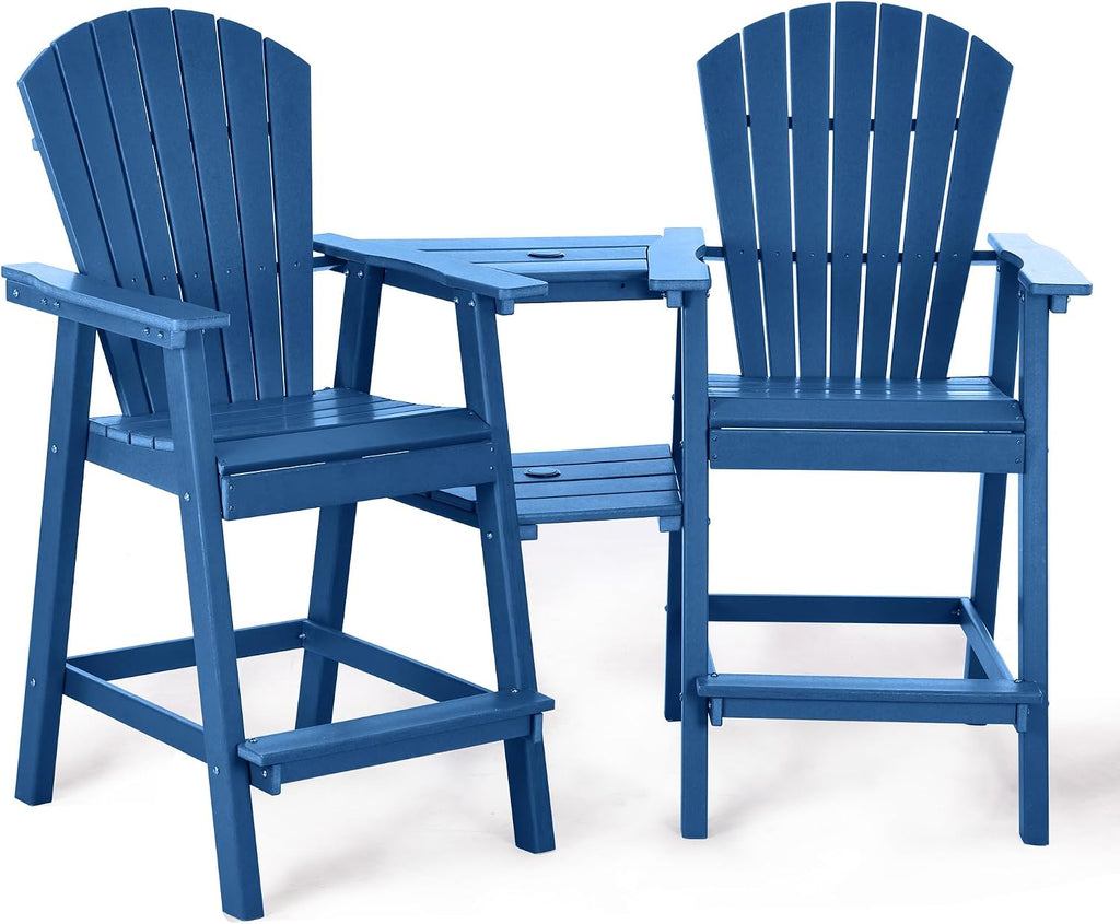NAVINE Tall Adirondack Chairs Set of 2, HDPE Balcony Chair with Double Connecting Tray, Weather Resistant Outdoor Adirondack Bar Stools for Patio, Deck, Patio, Backyard, Balcony.(Navy Blue)
