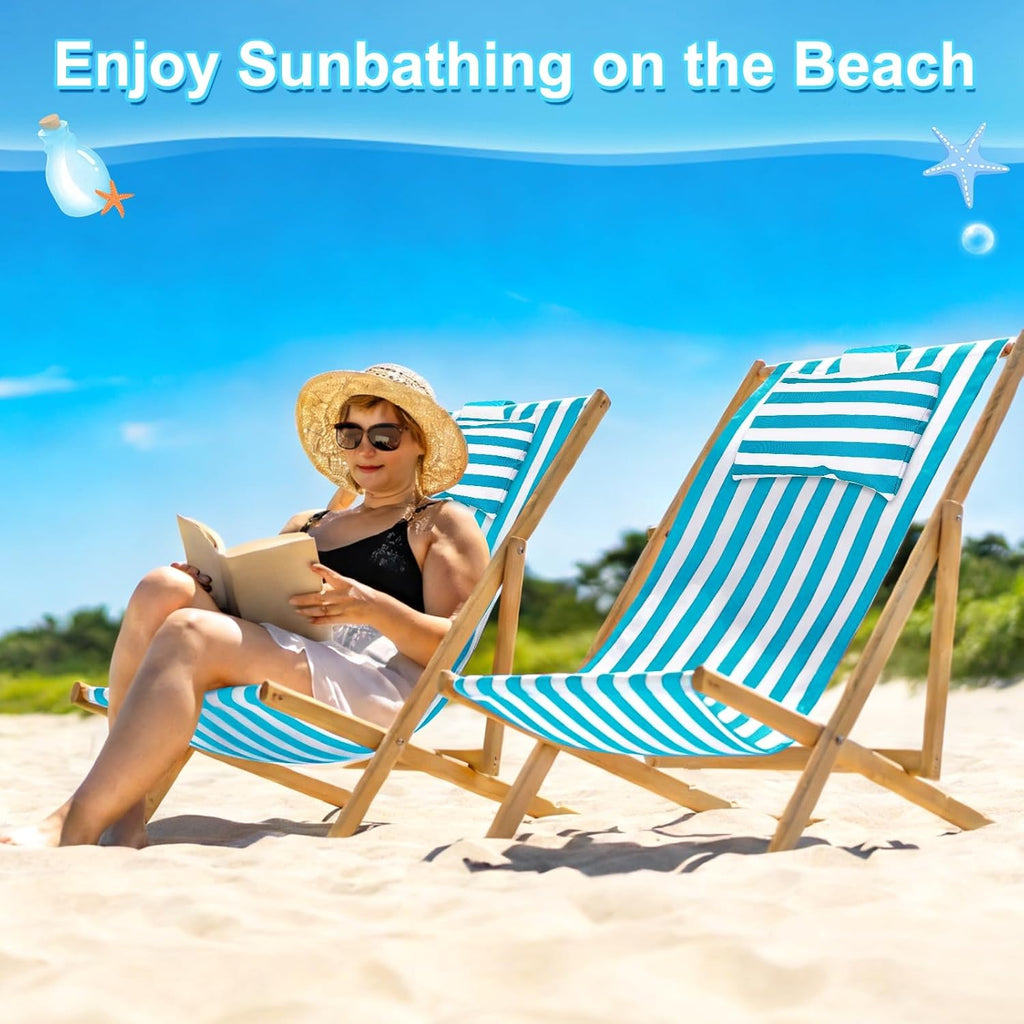 Beach Sling Chair Replacement Canvas, 16x44.5 Inch Folding Lounge Chair Fabric with Pillow for Beach/Sunbathing/Courtyard/Garden [Pinstripe Sky Blue, Only Replacement]