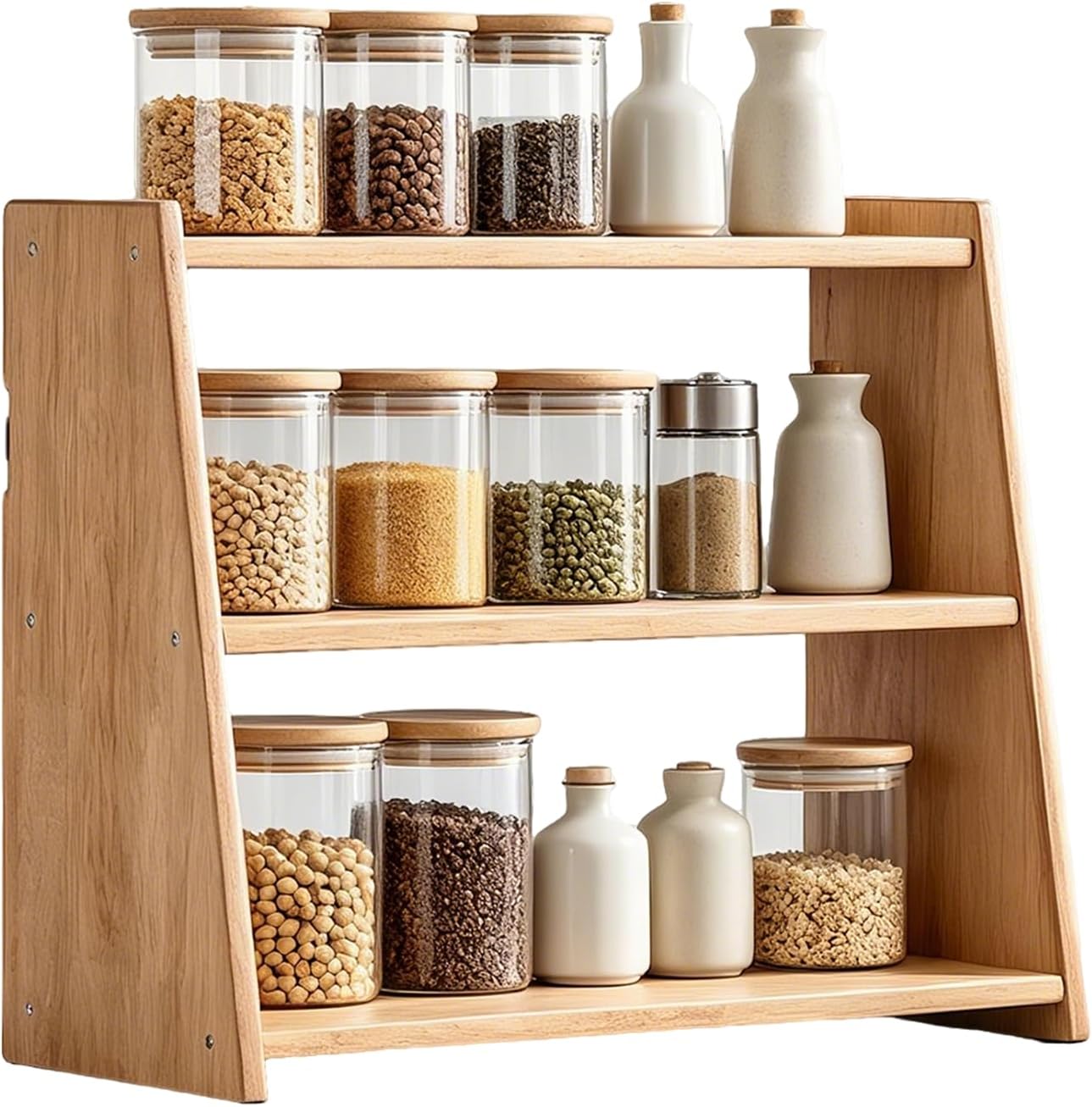 Solid Rubber Wood Spice Rack,Wood Round Side Table,Small Drink Table for Small Spaces,3 Tier Freestanding & Wall Mounted Kitchen Countertop Organizer