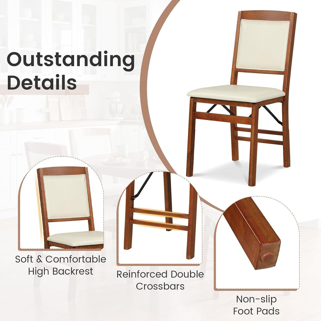 COSTWAY Folding Dining Chairs Set of 2, Wooden Kitchen Side Chairs w/Padded Seat, Solid Wood Frame, 400 LBS Load Bearing, No Assembly Needed, Vintage Foldable Chairs for Dining Living Room, Walnut
