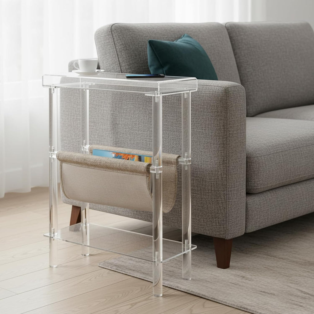 Acrylic Narrow Side Table for Small Spaces, 7" W×23.9" H x 15.7" L Slim End Table with Magazine Holder, Clear Skinny Bedside Table Nightstand for Living Room, Bedroom, Sofa