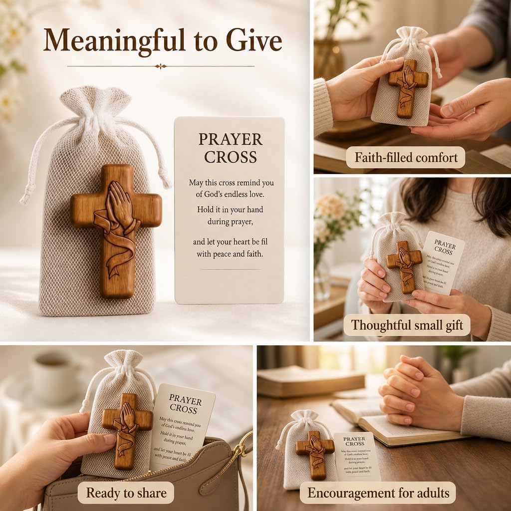 Usyios 10 Pack Prayer Cross Set, Acrylic Worry Crosses with Cards and Mesh Bags, Comfort for Stress and Anxiety Relief, Pocket Gift