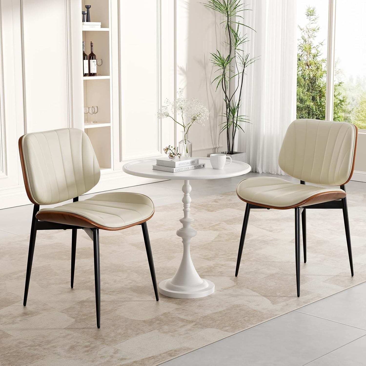 Dining Chairs Set of 2, Mid Century Modern Dining Room Chairs, Upholstered Faux Leather Kitchen Chairs with Walnut Bentwood Back and Metal Legs for Kitchen Dining Room Living Room, PU Beige