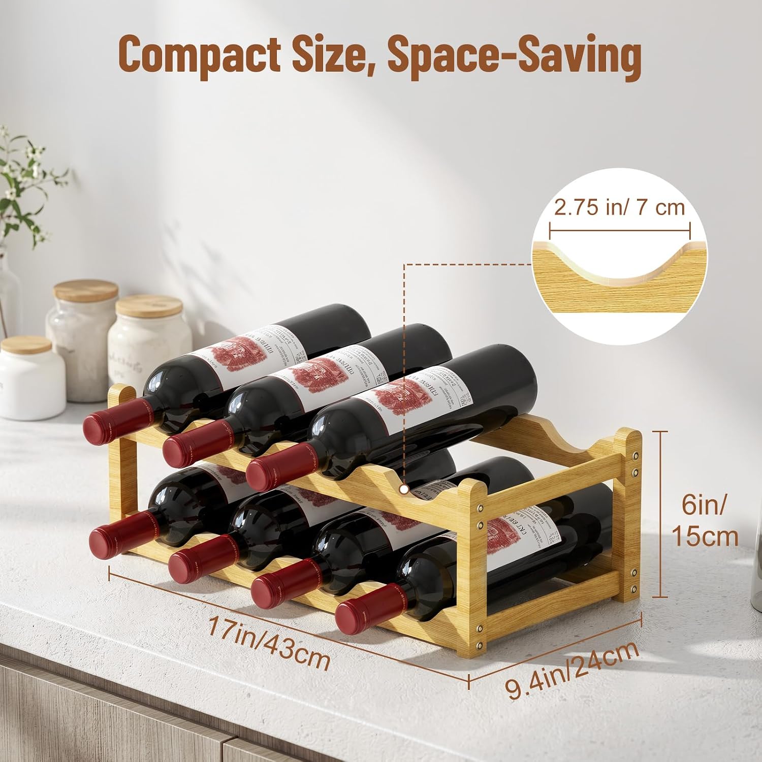 Nuovoware Bamboo Wine Rack, 2-Tier 8 Bottles Stackable Wine Rack with Wavy Groove, Sturdy Freestanding Countertop Shelf for Kitchen Pantry Dining Room Basement Bar Cellar, Wood Color