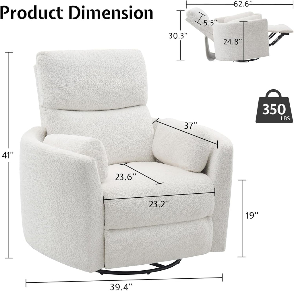 Jocisland Power Rocking Nursery Chair, Oversized Recliner Swivel Glider Chairs for Adults with 2 Pillows, USB & Type-C, Cozy Reclining Armchair Sofa for Living Room, Bedroom, Nursing, White Teddy