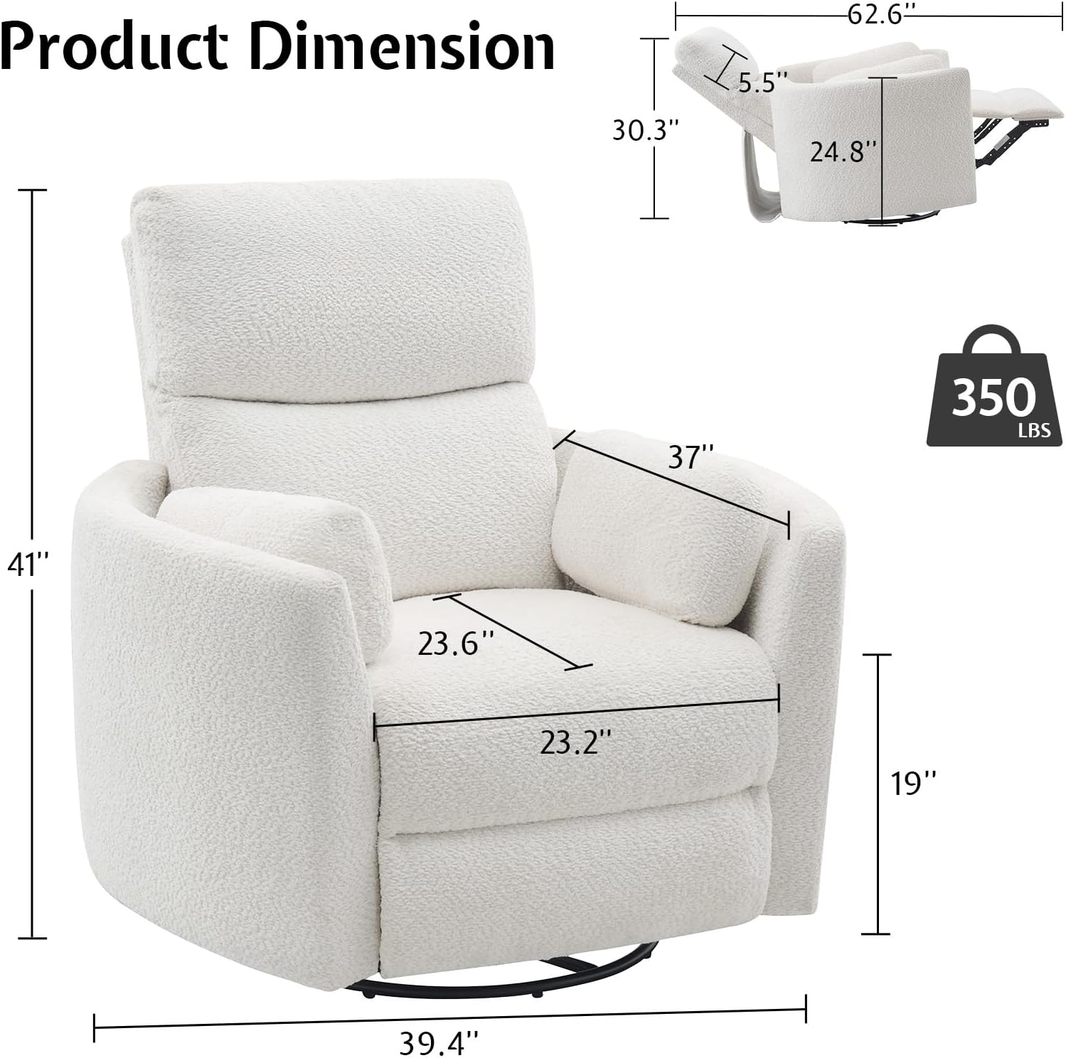 Jocisland Power Rocking Nursery Chair, Oversized Recliner Swivel Glider Chairs for Adults with 2 Pillows, USB & Type-C, Cozy Reclining Armchair Sofa for Living Room, Bedroom, Nursing, White Teddy