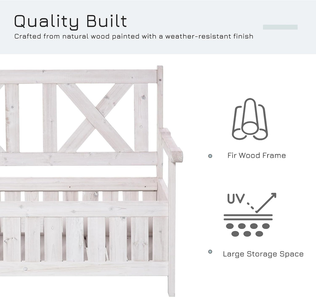 Patio Wooden Bench with Storage Box, 29 Gallon Outdoor Storage Bench, Large Entryway Deck Box w, Unique X Shape Back, for Deck, Porch Balcony, White