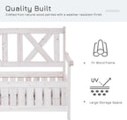 Patio Wooden Bench with Storage Box, 29 Gallon Outdoor Storage Bench, Large Entryway Deck Box w, Unique X Shape Back, for Deck, Porch Balcony, White