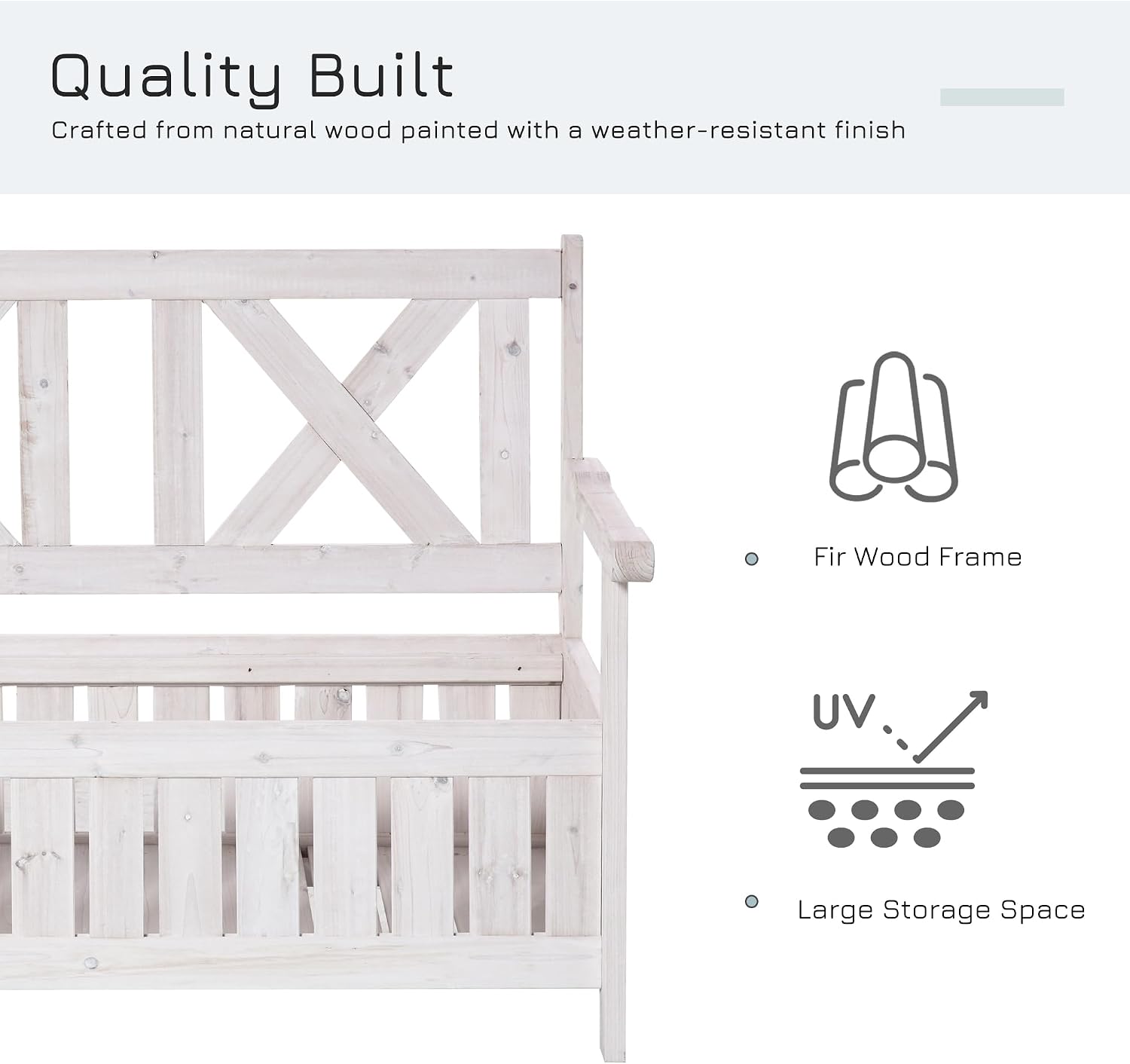 Patio Wooden Bench with Storage Box, 29 Gallon Outdoor Storage Bench, Large Entryway Deck Box w, Unique X Shape Back, for Deck, Porch Balcony, White