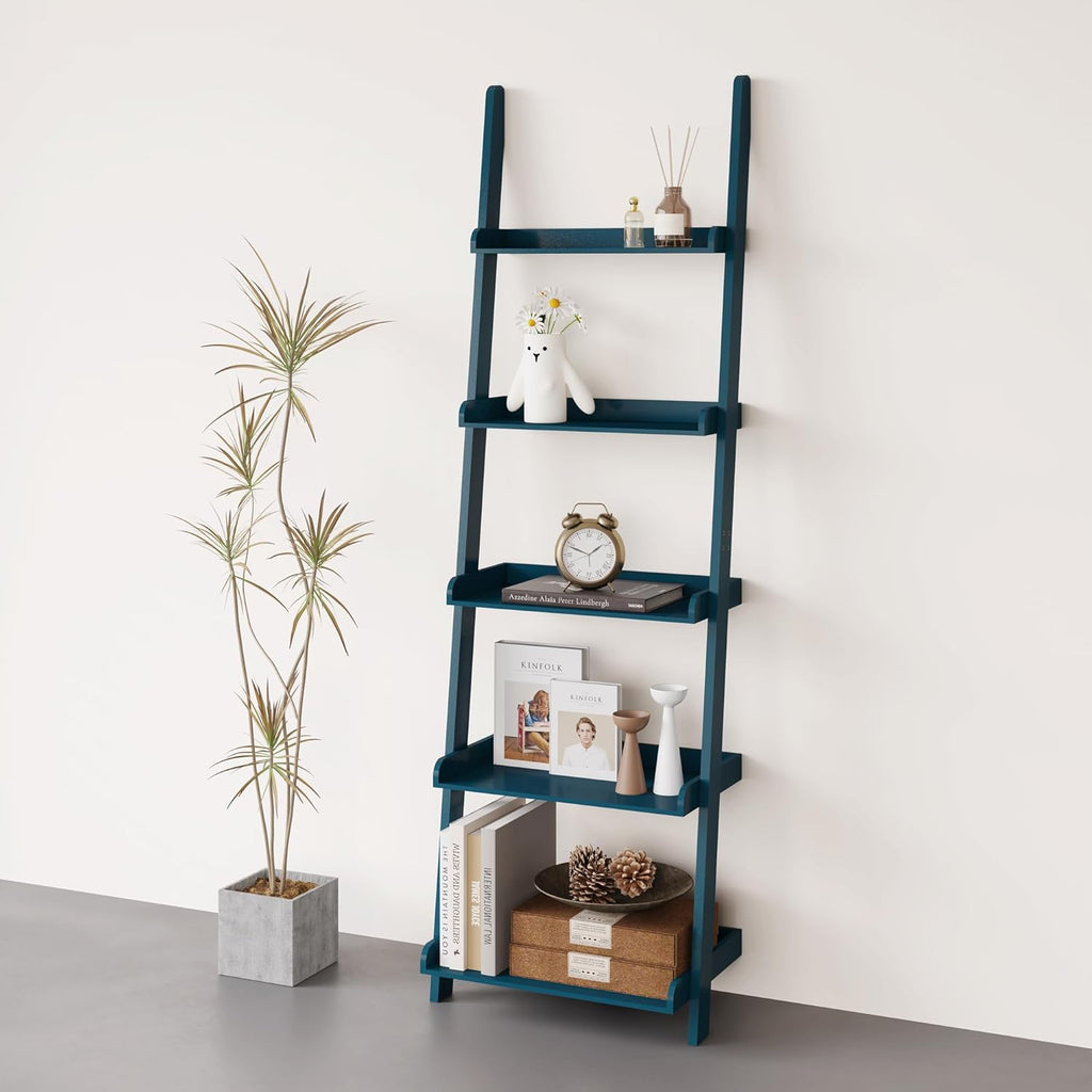 eHemco Modern 5 Tier Wall-Leaning Ladder Bookshelf Organizer, Storage Rack, 70 Inches, Blue