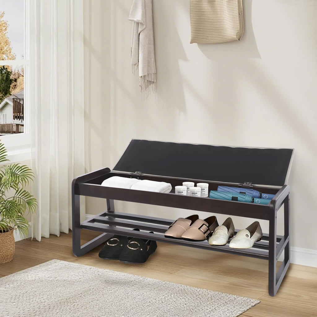 Shoe Rack Bench with Cushion, 2-Tier Storage Bench for Entryway, Wooden Shoe Organizer Bench with Hidden Storage & Comfortable Seat for Living Room, Bedroom, Hallway (Walnut Color+ Beige)