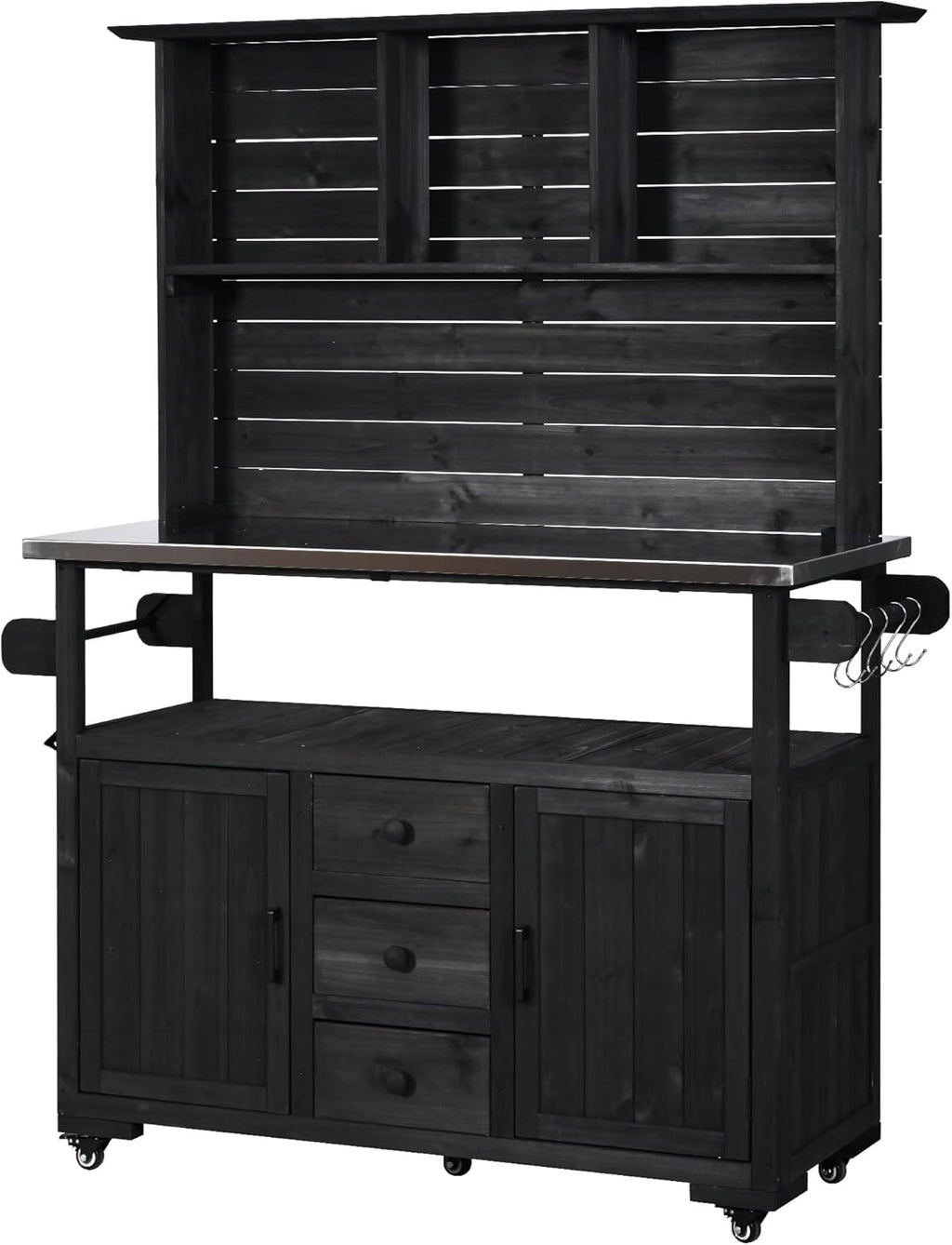 65''H Large Garden Storage Potting Bench with Lockable Wheels, Wood Outdoor Kitchen Island with Stainless Steel top, Drawers, Door Shelves and Hutch (Black-Wheels)