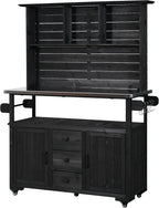 65''H Large Garden Storage Potting Bench with Lockable Wheels, Wood Outdoor Kitchen Island with Stainless Steel top, Drawers, Door Shelves and Hutch (Black-Wheels)