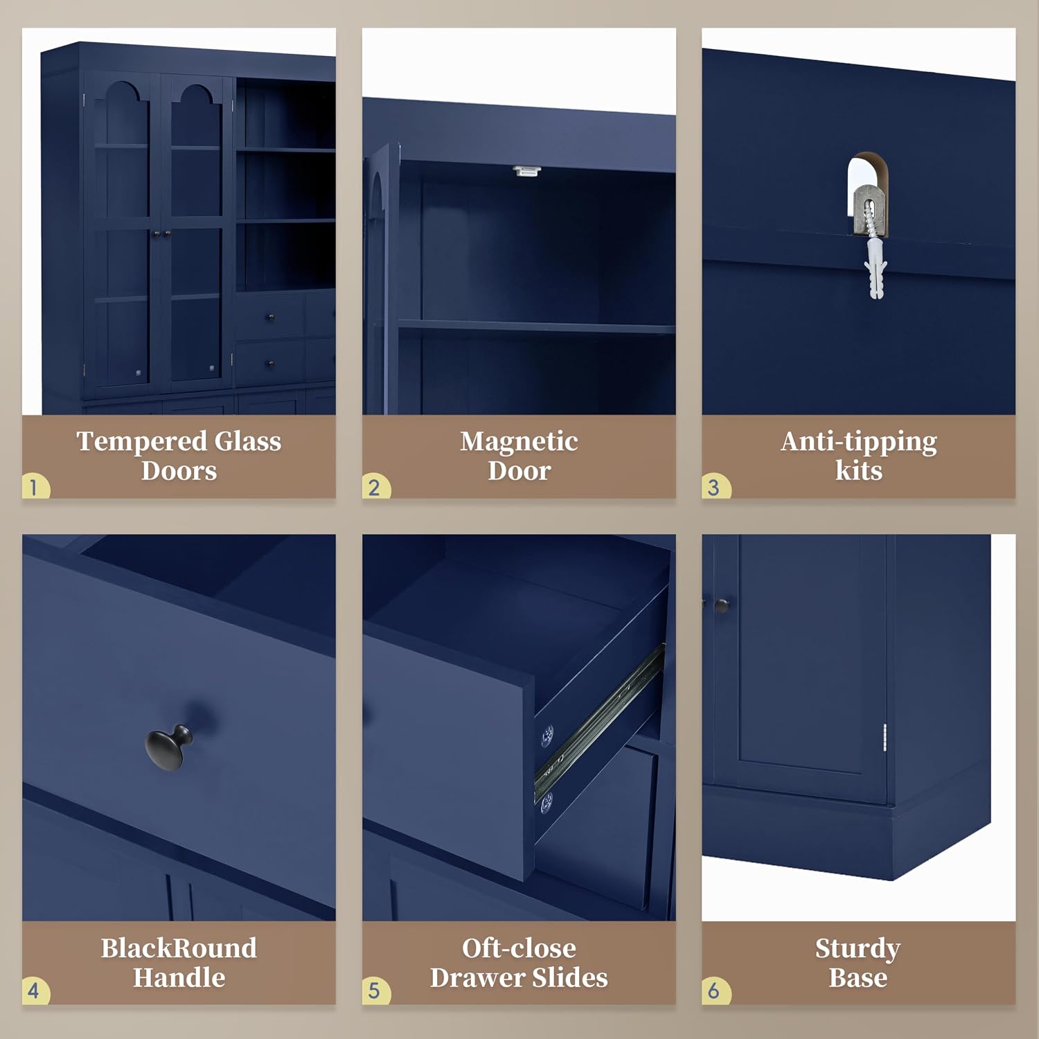Merax Wood Kitchen Pantry with 4 Drawers, 3 Cabinets and Hutch, Tall Cupboard Dining Storage Cabinet with Door Shelves and Pull-Out Trays for Living Room, Kitchen, Dining Room Blue