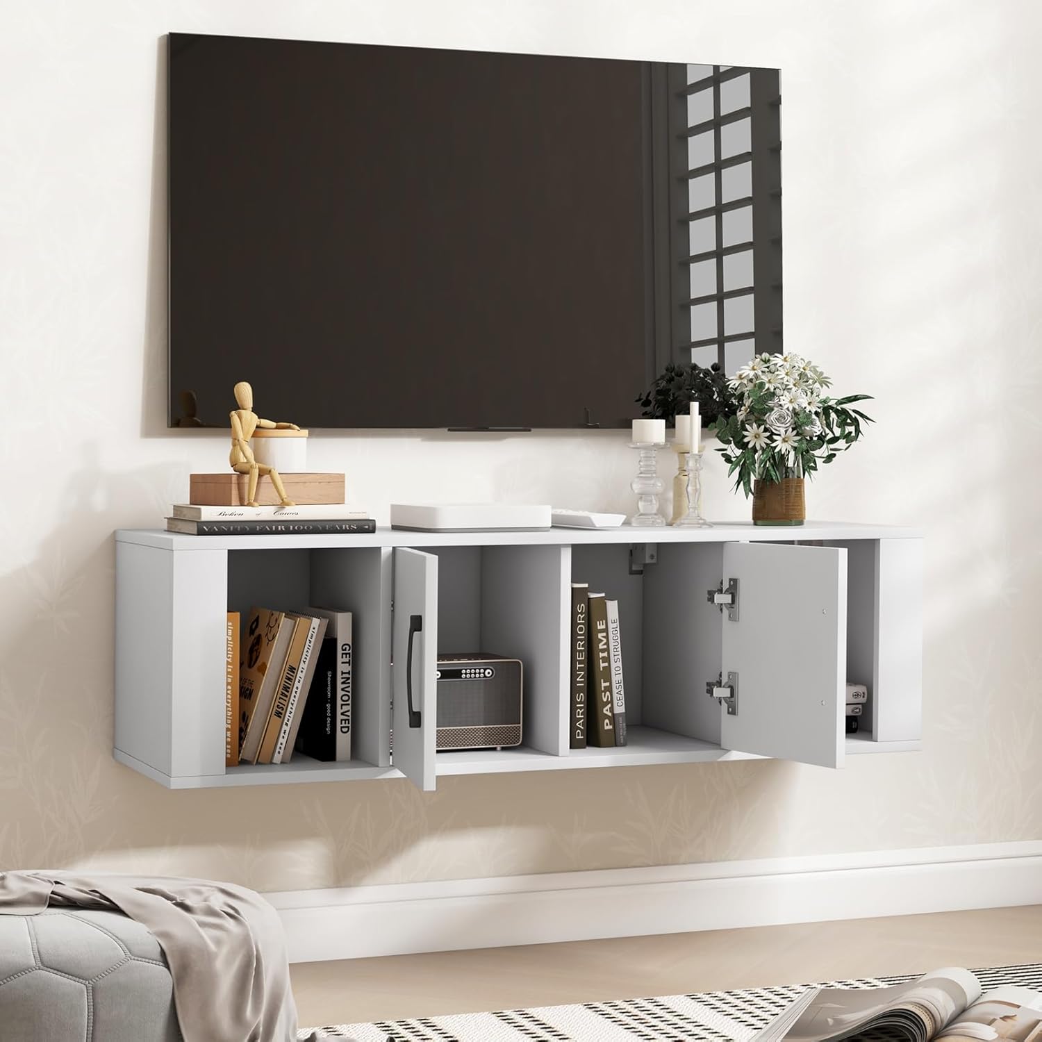 Giantex Wall Mounted Storage Cabinet 2 Cube Floating Media Hanging Desk W/2 Doors and 2 Open Shelves, Home Office Furniture for Kitchen, Bathroom, Living Room Floating Console Hutch (White)