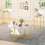 AWQM Faux Marble Coffee Table Set of 3, 1 Coffee Table & 2 Sofa Table, Round Tabletop and Metal Cross Base Frame,Perfect for Living Room Apartment, White