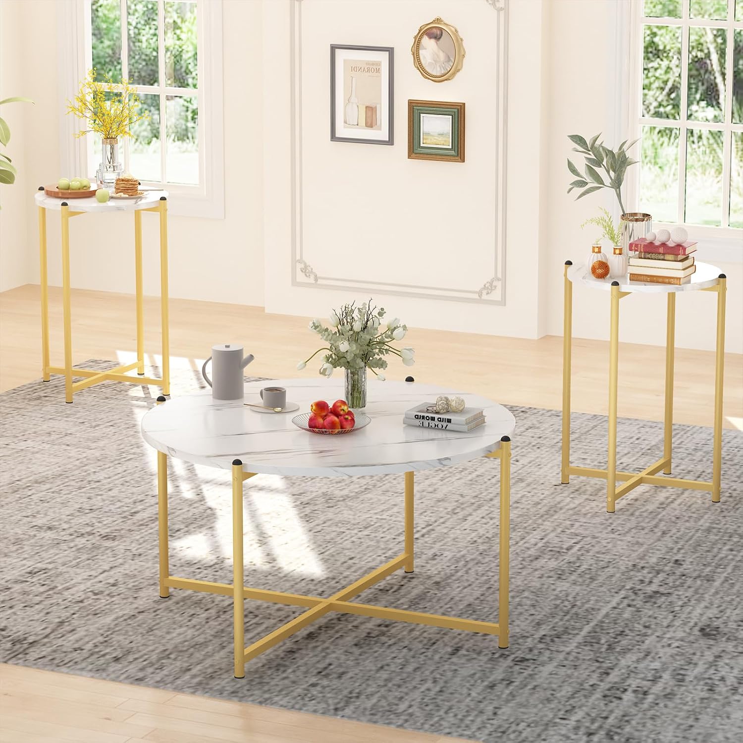 AWQM Faux Marble Coffee Table Set of 3, 1 Coffee Table & 2 Sofa Table, Round Tabletop and Metal Cross Base Frame,Perfect for Living Room Apartment, White